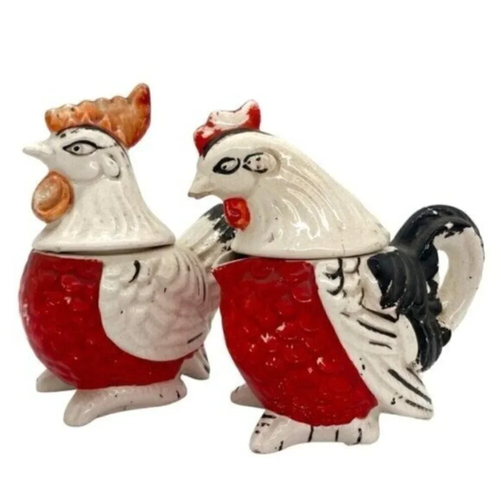 Vintage Artmark Japan Hen & Rooster Cream Sugar Bowl Salt Pepper Shaker